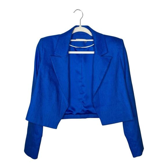 Alice And Olivia Blazer Womens 4 Blue Linen Blend Open Cropped Lined Career - Picture 1 of 13